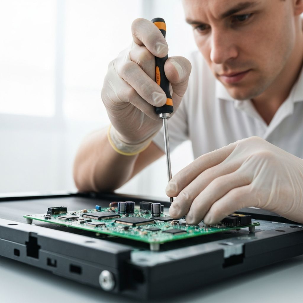 Technician repairing treadmill circuit board